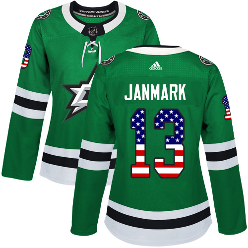 Adidas Stars #13 Mattias Janmark Green Home Authentic USA Flag Women's Stitched NHL Jersey